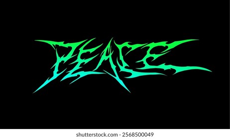 Peace typography in a neon green tribal-inspired vector design, featuring sharp, jagged edges on a black background. Perfect for edgy branding, alternative art, or unique visual statements