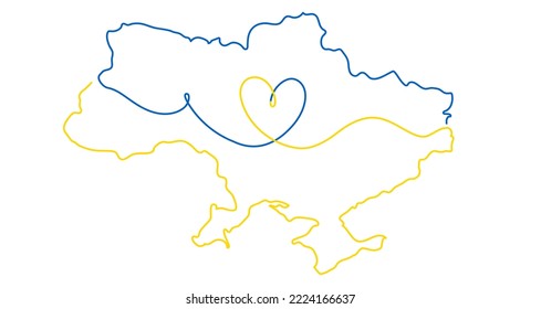 Peace to Ukraine concept with heart and Ukraine map. Support Ukraine art in the colors of the Ukrainian flag. Simple line drawing vector illustration for charity or humanitarian concept, tattoo, logo