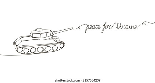 Frieden für die Ukraine kontinuierliche Zeichnung. Eine Linie aus englischer Hand, geschrieben mit Wünschen des Friedens und des Militärs, Schlachttank, gepanzerter Personalträger.