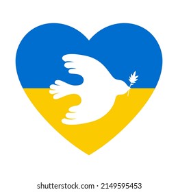 Peace in Ukraine dove symbol. Heart flag of Ukraine, Russia conflict. Freedom, humanity emblem peaceful and no war concept. Flying bird pigeon with olive branch sign. Logo design element