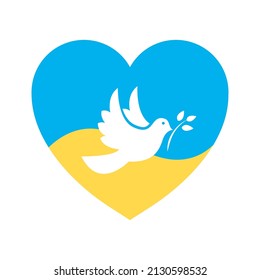 Peace to Ukraine. Ukraine flag with dove icon. No war in Ukraine icon. Isolated vector illustration. Peace symbol. Vector design. EPS 10