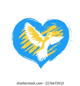 Peace for Ukraine. A heart in the colors of the Ukrainian flag and a dove. Brush and paint texture