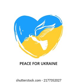 Peace for Ukraine. A heart in the colors of the Ukrainian flag and a dove bringing an olive branch. Brush and paint texture