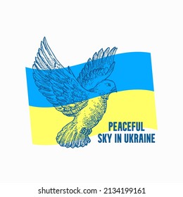 Peace in Ukraine Illustration. Ukrainian flag with hand drawn Dove Bird peace symbol, sign, badge, label tmplate. Pray for Ukraine, help, stop war apparel print emblem. Social Media Sticker. Isolated