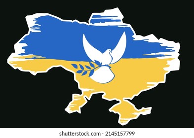 Peace to Ukraine. Ukraine map with dove icon on black background. No war in Ukraine icon. Isolated vector illustration. Peace symbol. Vector design. EPS 10