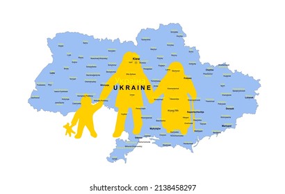 Peace for Ukraine,
Ukraine Map with refugees,
Cities name in German and Ukrainian,
Vector illustration isolated on white background
