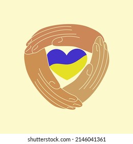 Peace in Ukraine. Poster design in support of ukraine from terrorism by russia. A large number of hands of different nations support Ukraine
