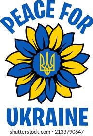 Peace for Ukraine text with sunflower. International protest, Stop the war. Vector illustration