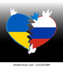 Peace for Ukraine. Vector illustration with broken heart and pigeons praying . Stop the war.