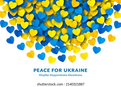 Peace For Ukraine Vector Scattered Yellow Blue Paper Hearts Semi Circle Border Isolated On White Background. Stop War And Save Ukraine Illustration. Ukrainian National Flag Colours Abstract Wallpaper