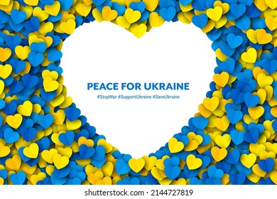 Peace For Ukraine Vector Yellow Blue Paper Hearts Heart Shape Frame Isolated On White Background. Ukrainian National Flag Colours Abstract Artwork. Support And Save Ukraine Border Design Element