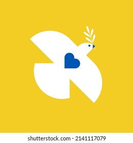 Peace for Ukraine. White dove flying with olive branch on yellow background. Blue heart shape. Peace symbol. Vector illustration, flat design