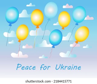 Peace for Ukraine.Balloons of yellow and blue color against the background of the sky and clouds.  The concept of a peaceful sky, without war. Background, banner, flyer. 