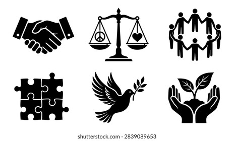 Peace and Unity Icon Set: Black and White Symbols for Handshake, Justice Scale, Circle of People, Puzzle, Dove, and Hands Holding Plant.

