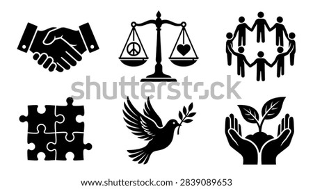 Peace and Unity Icon Set: Black and White Symbols for Handshake, Justice Scale, Circle of People, Puzzle, Dove, and Hands Holding Plant.


