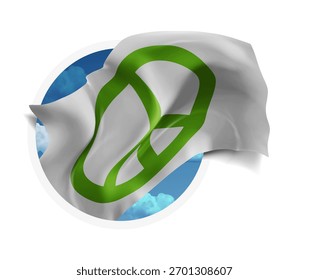 Frieden, Vektor 3D-Flagge auf blauem Himmel, durch ein rundes Loch auf weißem Hintergrund