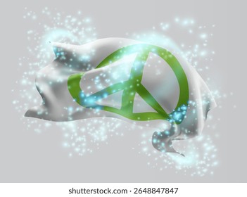 Peace, vector 3d flag in whirlwind of magical radiance