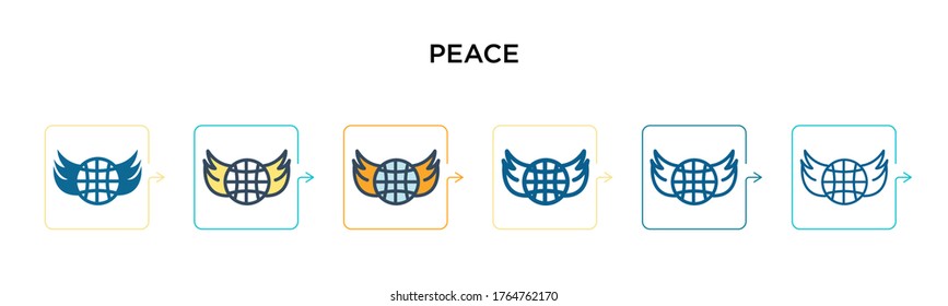 Peace vector icon in 6 different modern styles. Black, two colored peace icons designed in filled, outline, line and stroke style. Vector illustration can be used for web, mobile, ui