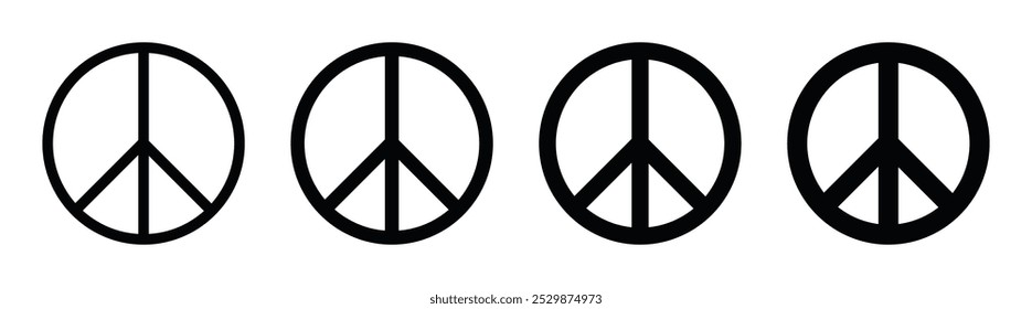 Peace vector icon set in black color isolated on a white background. Set of peace signs icon of different thicknesses. Peace symbols different shape. Vector illustration of peace mark.