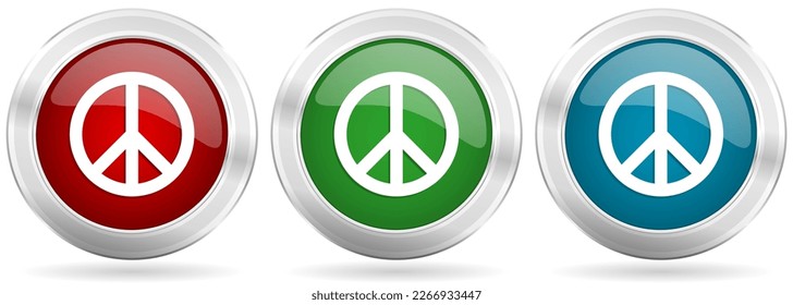 Peace vector icon set. Red, blue and green silver metallic web buttons with chrome border