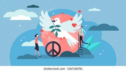 Peace vector illustration. Flat tiny love, calm and harmony day persons concept. Symbolic dove bird as global hope and relax. Hippie sign and friendship care. Happy and spiritual togetherness elements