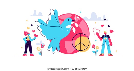 Peace vector illustration. Flat tiny love, calm and harmony day persons concept. Symbolic dove bird as global hope and relax. Hippie sign and friendship care. Happy and spiritual togetherness elements