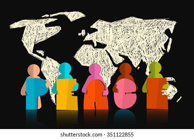 Peace Vector Slogan - Title with Paper Cut People on Black Earth Map Background