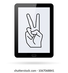 Peace or victory hand gesture  line vector icon on a realistic tablet. Two fingers up. Flat design style