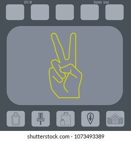 Peace or victory hand gesture line vector icon on a gray cine-film background. Two fingers up. Flat design style