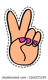 Peace and victory hand gesture, symbol of peacefulness. Gesturing and non verbal communication, emoticon or logo talking in web. Sticker or isolated icon, label or emblem. Vector in flat style