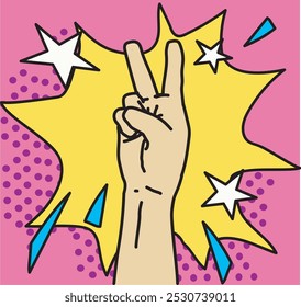 peace victory hand symbol hands gesture in pop art comics style graphic illustration