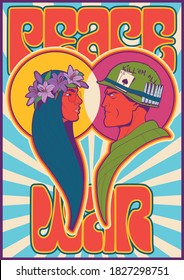 Peace and War Hippie Art Style Psychedelic Poster, Beauty Woman, Soldier Portraits 