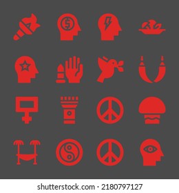 peace web icons. Torch and Mind, Mushroom and Hammock symbol, vector signs