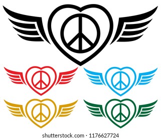 peace wing and love symbol sign icon, colorful set