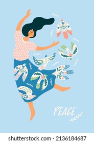 Peace. Woman and dove of peace. Vector illustration. Elements for card, poster, flyer and other use