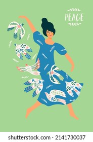 Peace. Woman and dove of peace. Vector illustration. Elements for card, poster, flyer and other use
