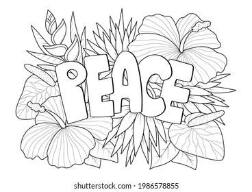 Palabra de paz con página de color antiestrés de patrón floral para adultos en estilo de boceto de doodle, ilustración vectorial aislada