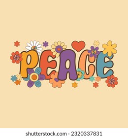 Peace word with flowers, hippie floral clipart, isolated vector illustration