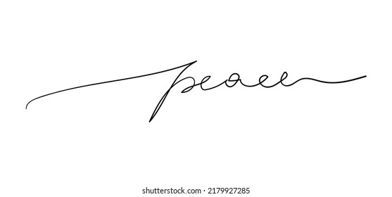 Peace word hand written in minimal calligraphy style. One line continuous vector drawing. Modern lettering, design element for print, banner, wall art poster, card.