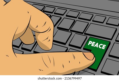 Peace word on computer keyboard. Man push keypad on laptop. Comic book style concept. 