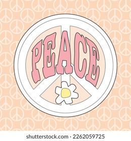 Peace word and symbol 70s hippie style clipart. Distortion typography vector design with a flower on simple soft orange seamless pattern background for apparel print.