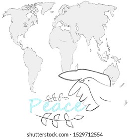 Peace in the world.Peaceful scene with map and flying pigeon.Hope.