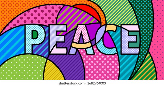 PEACE written text Modern colourful pop art graphic element for your design. Vector typo lettering artistic illustration in pop-art comic style.