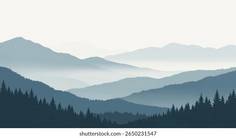 Camadas de montanha abstratas pacíficas com neblina e céu aberto para inspirador agosto Banner paisagem