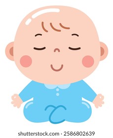 A peaceful and adorable cartoon illustration of a baby sitting cross-legged in a meditation pose, dressed in a light blue onesie.