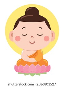 A peaceful and adorable cartoon illustration of a young Buddha figure sitting in a meditative posture on a pink lotus flower.