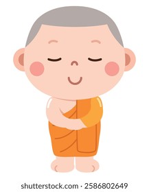 A peaceful and adorable cartoon illustration of a young novice monk dressed in traditional orange robes, standing with a serene expression and closed eyes. 