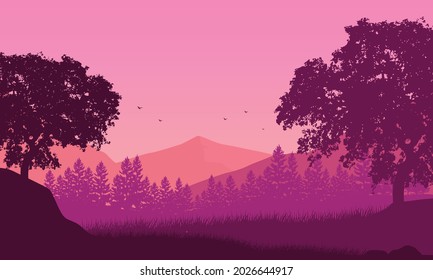 Peaceful afternoon in the countryside with stunning natural views at sunset. Vector illustration of a city