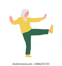 Peaceful aged mature retired woman cartoon character practicing tai chi technique for health