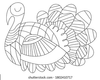 Peaceful alive turkey bird vector coloring page for kids. Elegance traditional thanksgiving day bird black and white illustration. Detailed ornamental domestic turkey bird for happy thanksgiving day